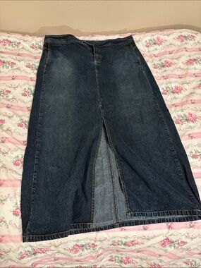 Dark Blue Denim Midi Skirt with Front Slit